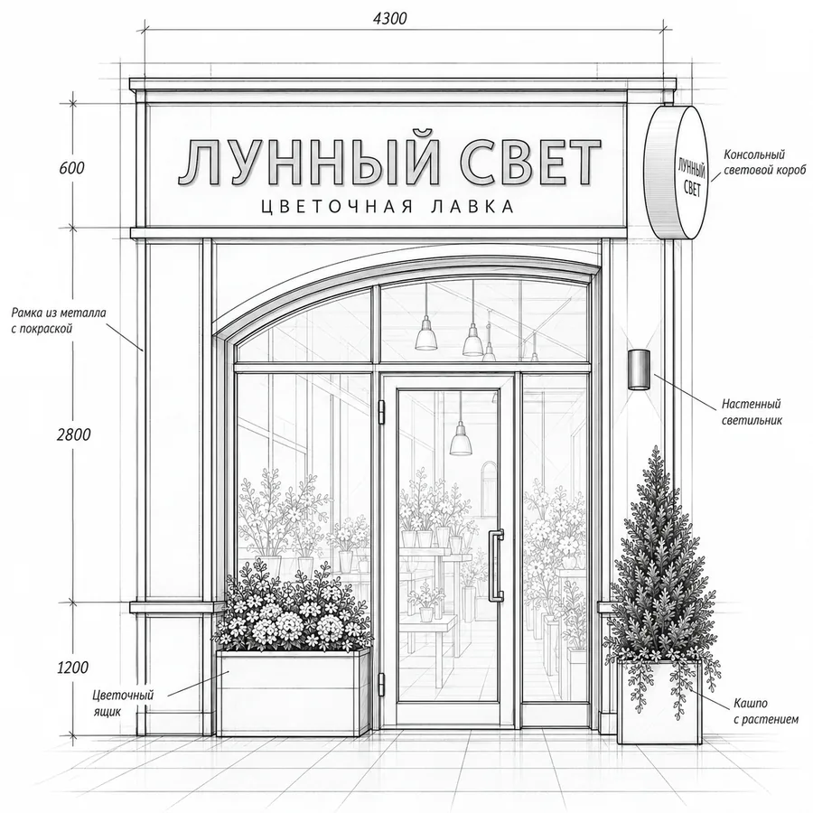Чертёж той же вывески с размерами, выносками и привязкой к фасаду