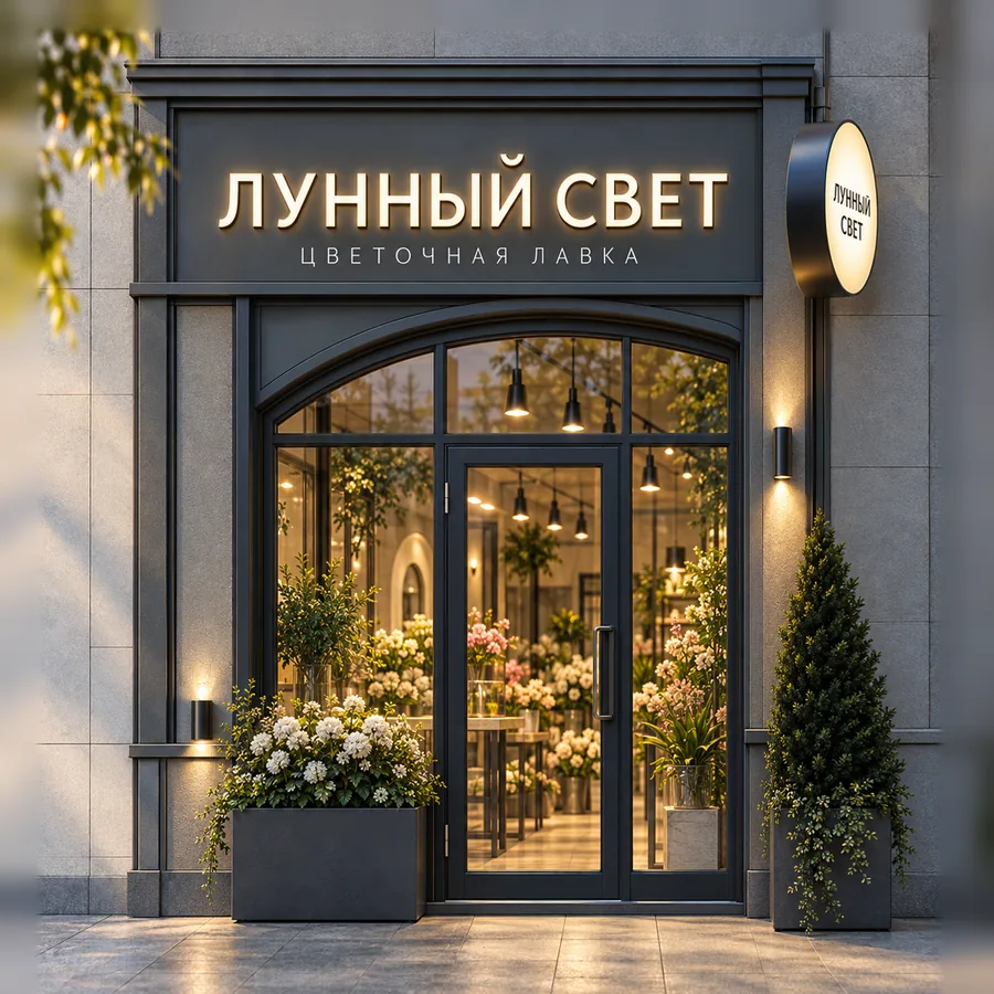 Готовая световая вывеска цветочной лавки на фасаде вечером